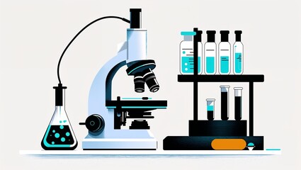 A microscope on a lab bench in Black characters and objects on a white background