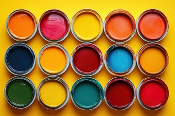 Colorful Paint Cans in Flat Lay Design for Home Renovation and Decorating Ideas