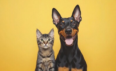 Dog and Cat Posing Together Against Yellow Background Cute Friendship