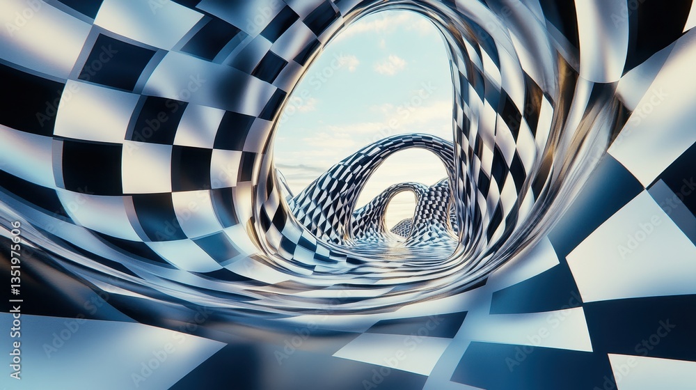 Poster a surreal tunnel with checkered patterns and an open sky