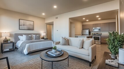 Fototapeta premium Modern Studio Apartment Interior. Open-concept living space with a comfortable bed and couch, a small kitchen, and a minimalist aesthetic