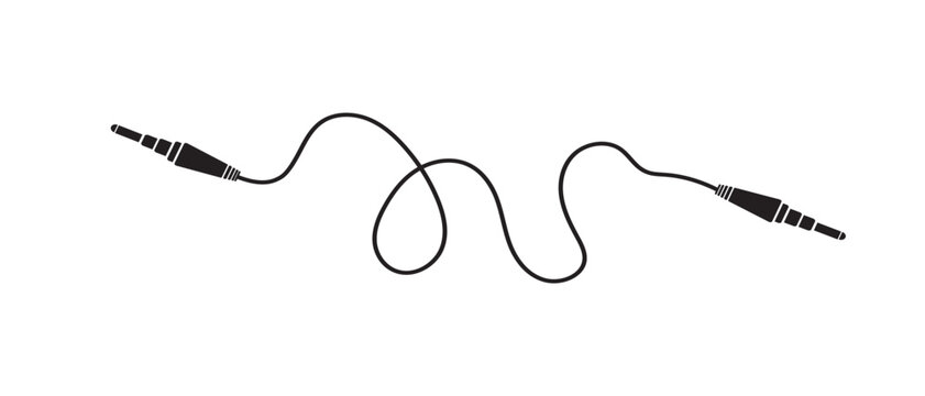 Audio jack 3.5 mm extension cable icon. AUX Male to Male plug audio cable isolated on white background.  Long  audio cable with jack socket. headphone extension cable. Vector illustration.
