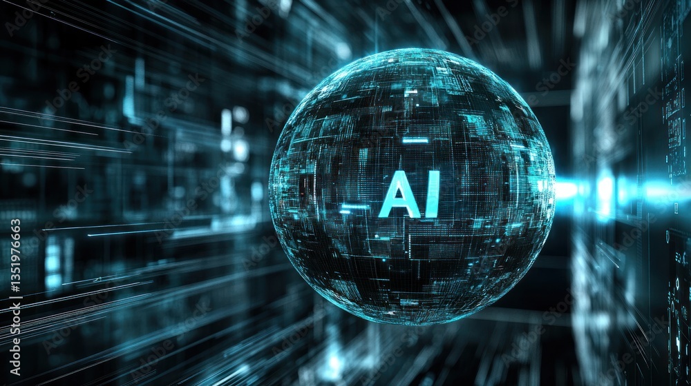 Poster futuristic ai sphere surrounded by digital data streams