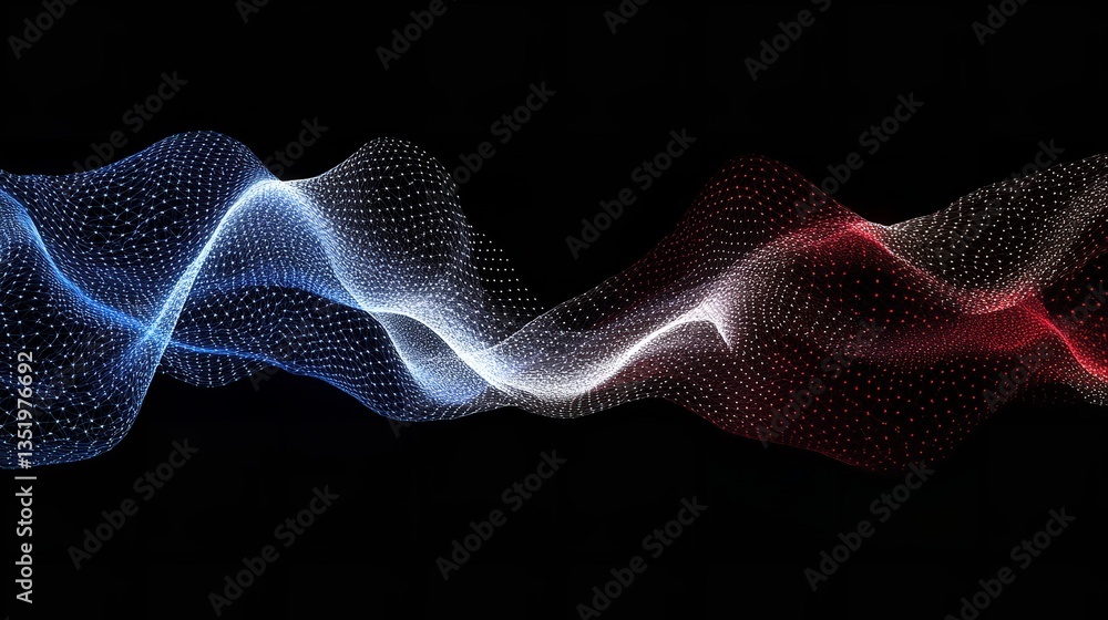 Poster abstract network wave with blue and red nodes against a black background in a modern style