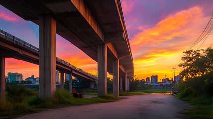 Vibrant sunset over city highway, viewed from below, showing urban landscape