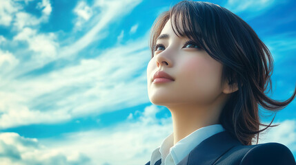 空を見上げるアジア人女性02