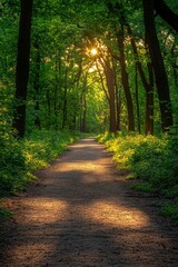 Obraz premium Sunlit Path Through a Lush Green Forest