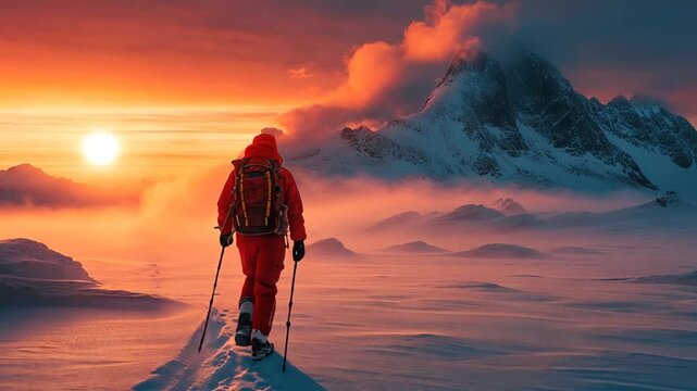 Adventurer hiking through snowy mountain range at sunset. Possible use Stock photo