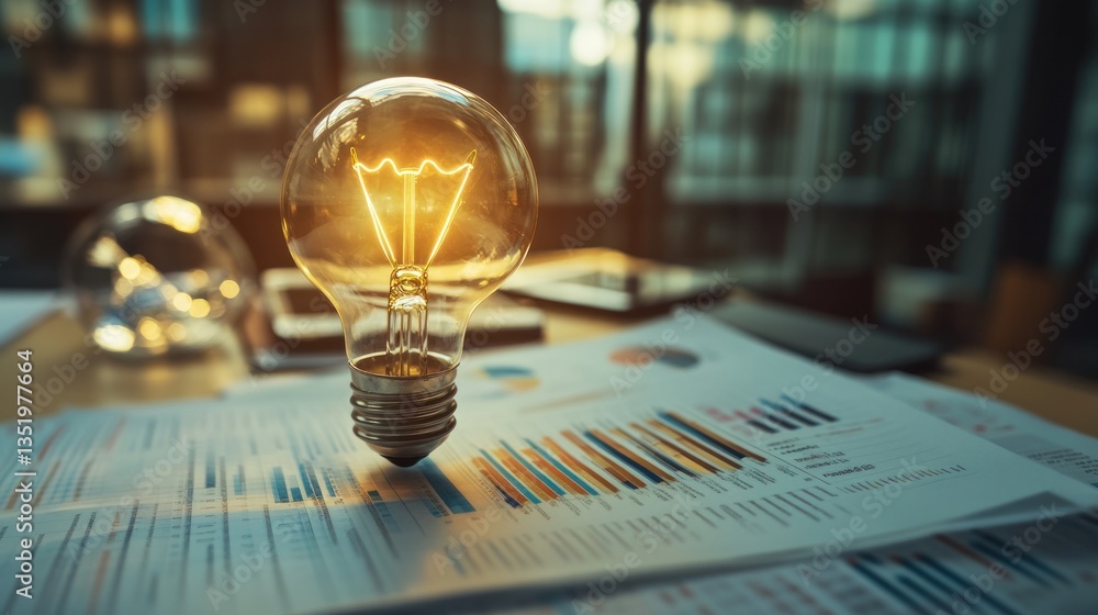 Poster light bulb illuminating business charts in modern office setting