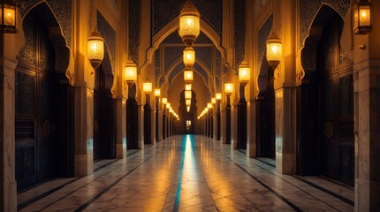 Obraz premium Illuminated Mosque Corridor Majestic Architecture at Night