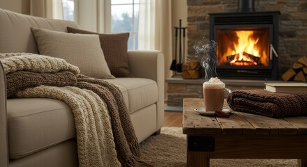 Fototapeta premium Cozy Living Room with Fireplace, Sofa, and Hot Chocolate