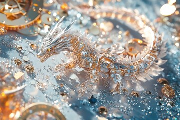 An ornate metallic dragon composed of mechanical and sparkling elements