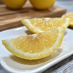 Salted lemon slices on a plate, close-up, kitchen background, food photography for recipe blogs