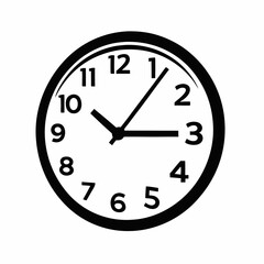 A vector illustration of a black wall clock with numbers, hands, and a circular dial representing time, minutes, seconds, and hours, designed as a symbol for business or office settings