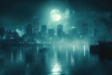 A moonlit night illuminates a city on a misty lake