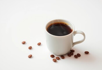 Fototapeta premium A steaming cup of coffee sits on a pristine white background, cup, food