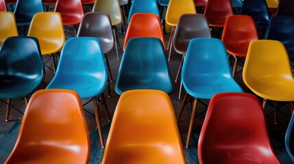 Multi-colored plastic chairs with metal legs arranged in rows demonstrate the repeatability and simplicity of the design.