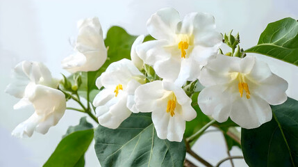 White flowers blooming, closeup view, green leaves, light background, ideal for nature, floral designs