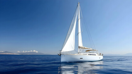 Fototapeta premium White sailboat sailing on calm ocean, clear blue sky, distant islands, summer vacation travel