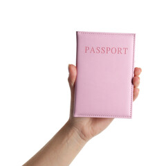 Obraz premium Woman holding passport in pink cover on white background, closeup