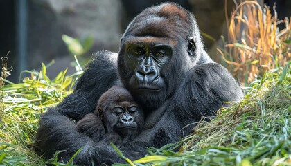 Obraz premium Gorilla Mother and Baby: A Tender Moment in the Wild