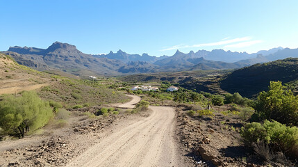 Fototapeta premium Winding mountain road, scenic valley view, clear sky, potential travel brochure