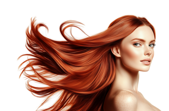 A beautiful woman with long orange-red flowing hair. Beauty and hair care concept. Isolated on a transparent or a white background, cut-out, PNG