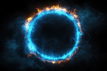 Fototapeta premium Blue Fiery Glowing Ring in Dark Space Hyper-Realistic Digital Art Surreal Neon Light