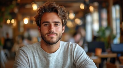 Obraz premium Young Innovative Tech Entrepreneur in Modern Startup Office with Cinematic Lighting and Warm Tonal Colors