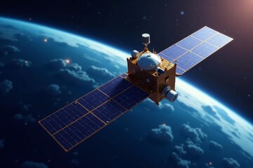 Satellite in space orbiting the earth with solar panels and antennas against starry background, stars, space, orbit