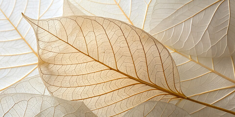 A close-up of a translucent leaf with visible veins, blending seamlessly into abstract flower petal forms. The image features a neutral, earthy color palette of beige, ivory, and pale gold. Soft, diff