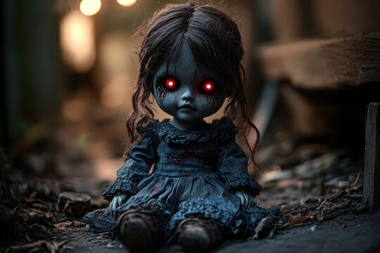 Haunting Creepy Doll with Glowing Red Eyes in Dark Environment