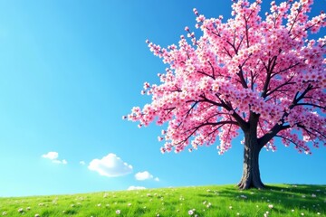 Naklejka premium Scenic view of cherry blossom tree with clear blue sky, pink, tranquil, beauty