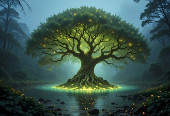 Magical Glowing Tree in Mystical Forest, Enchanted tree in a serene forest, glowing with magical light.