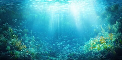 Naklejka premium The Deep Blue Ocean Scene With Sunbeams Shining Downwards