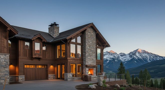 Luxury Mountain Home Exterior with Stone Fireplace and Mountain Views