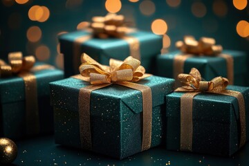 Green gift boxes with golden ribbons under soft bokeh lighting festive decoration