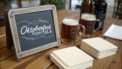 A beer steins, coaster mockup, and a chalkboard with "Oktoberfest Specials" in cursive.