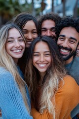 Obraz premium Joyful young adult friends embracing and laughing together in a vibrant urban park setting celebrating friendship and community