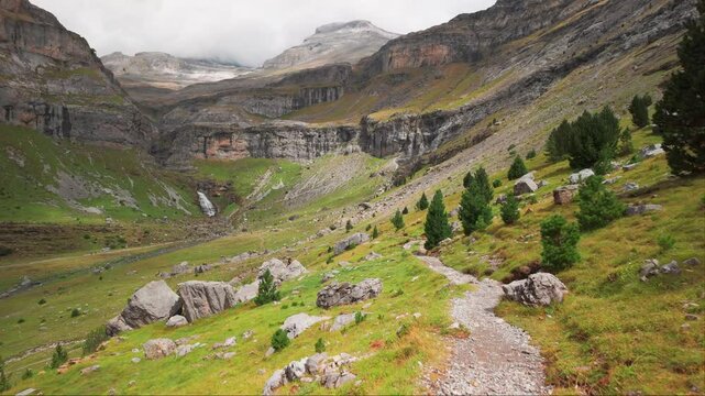 Hiking through Ordesa Valley in Monte Perdido National Park, Spanish Pyrenees.