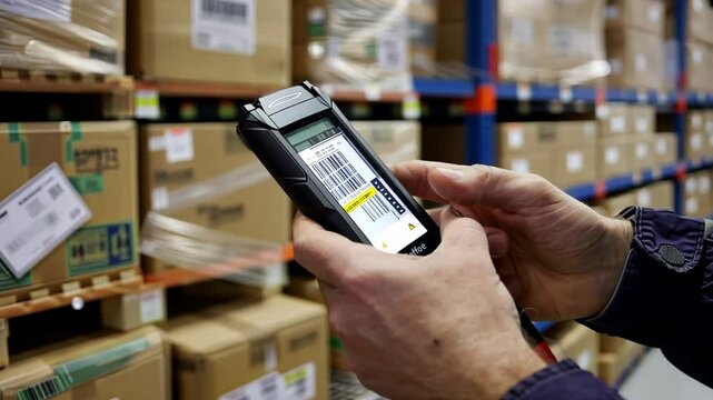 A worker scans barcodes with a handheld device while organizing boxes in a busy warehouse environment