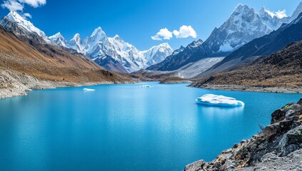 Glacial lake, majestic mountains, autumn,  Himalayas,  icebergs, travel, postcard, serene landscape