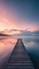 Naklejka premium Misty dawn, serene pier extending over tranquil blue lake, dock, wood, peaceful