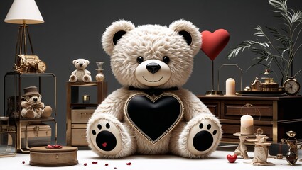 A teddy bear with a heart in Black characters and objects on a white background