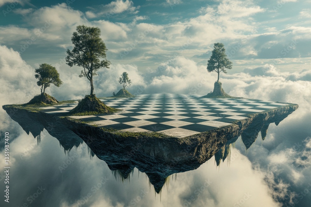 Poster a floating island with a checkered surface and trees