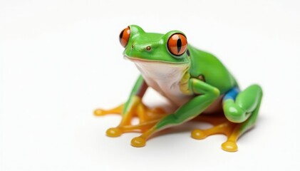 Obraz premium Green tree frog perched on white, vibrant skin, closeup, green