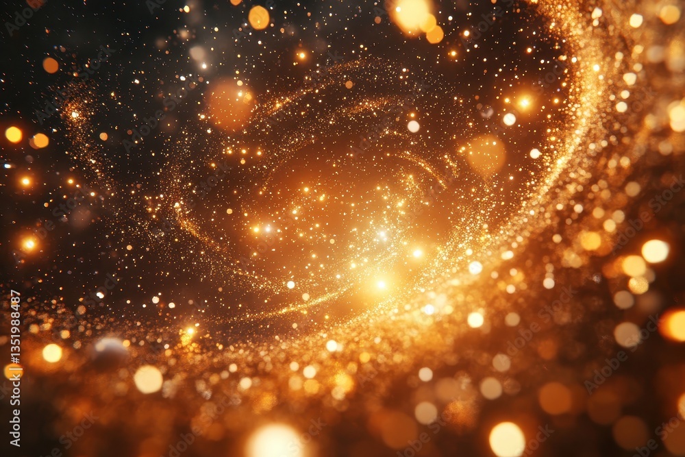 Poster swirling golden particles with bokeh create a mystical atmosphere in space