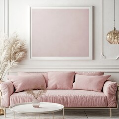 Elegant, blush pink living room with framed art