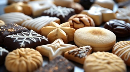 Fototapeta premium Assorted Christmas cookies on a dark surface, close-up view. Festive baking, delicious treats