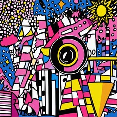 A brightly colored modern painting with abstract geometric shapes